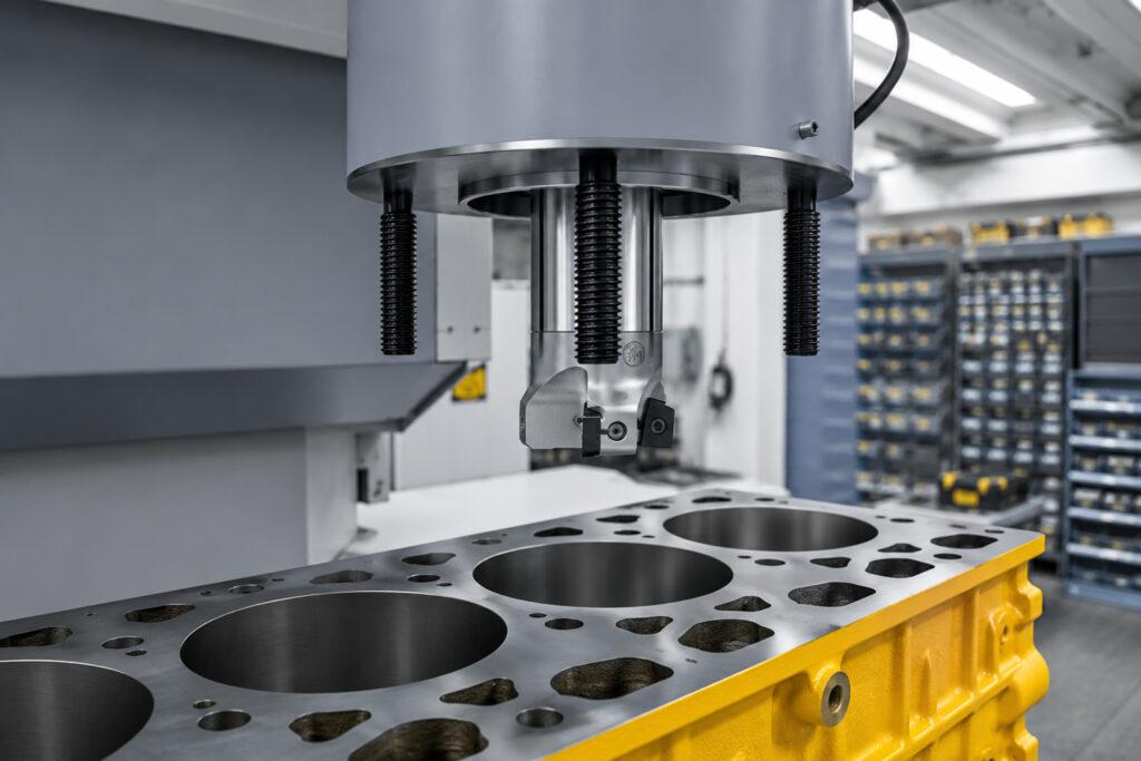 Close-up of the boring head on the Winona Van Norman VBX Vertical Boring Machine showcasing the precision cutting assembly used for accurate cylinder boring.