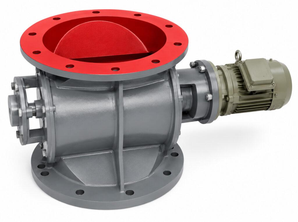Rotary dust valve on a Winona Van Norman Bag House Style Dust Collector, designed to continuously discharge collected dust and debris while maintaining an airtight seal within the dust collection system.