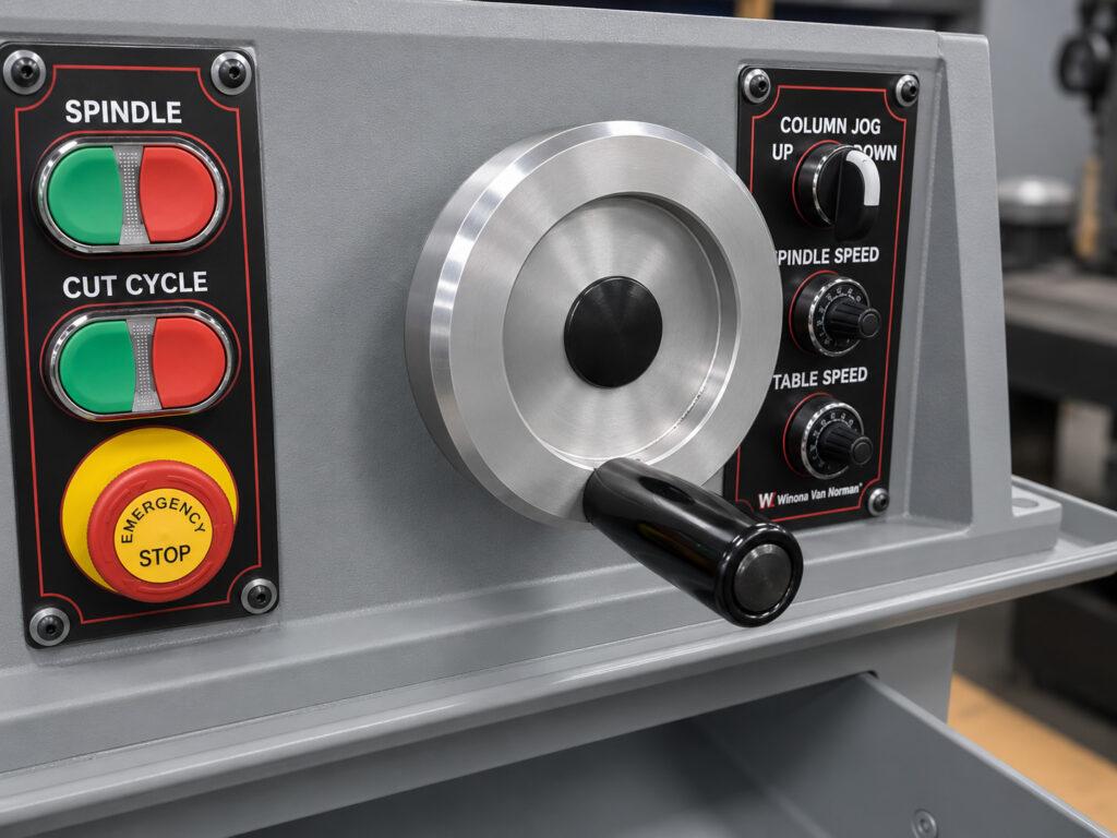 Close-up of the adjustable handwheel on a Winona Van Norman CBMX Small Engine Boring Machine used for precise positioning and machine setup.