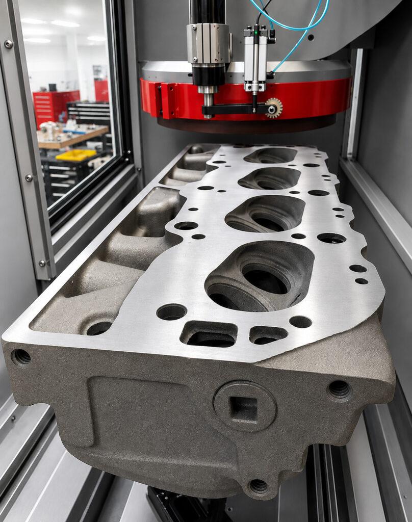 Angle view of a resurfaced engine block after machining on the Winona Van Norman SM-E Surface Milling Machine, showcasing the smooth, precision-machined deck surface.