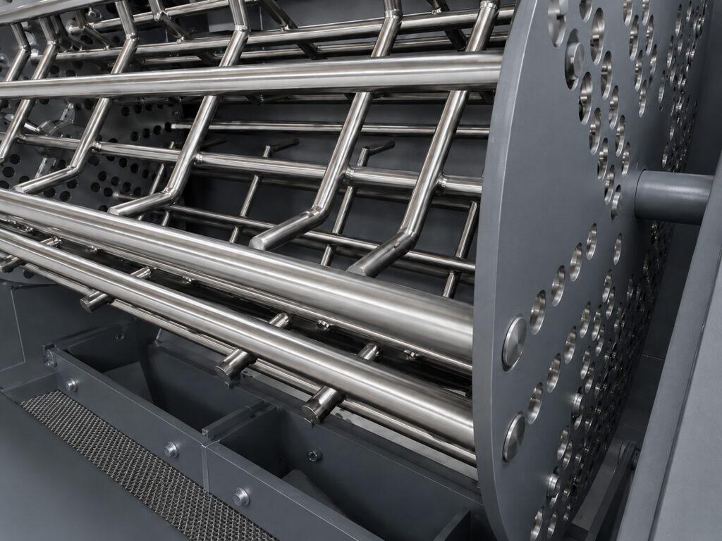 Angle view of the heavy-duty basket inside a Winona Van Norman Fixed Basket Blaster designed to securely hold parts during the shot blasting process.