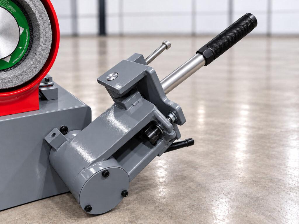 Manual operating arm on the Winona Van Norman CRG170 Cap and Rod Grinder used to move the connecting rod up and down across the stationary grinding wheel during the grinding process.