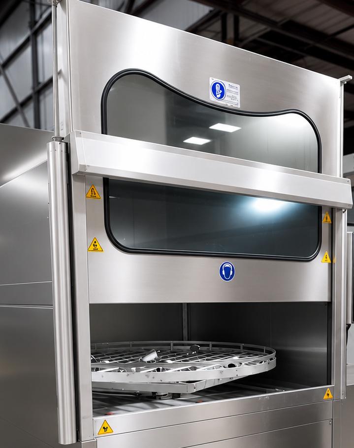 Close-up of the automatic push-up door on a Winona Van Norman Stainless Steel Washer providing safe and convenient access to the wash chamber.