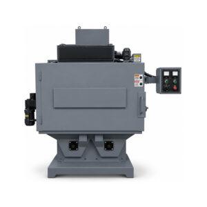 Angle view of the heavy-duty basket inside a Winona Van Norman Fixed Basket Blaster designed to securely hold parts during the shot blasting process.