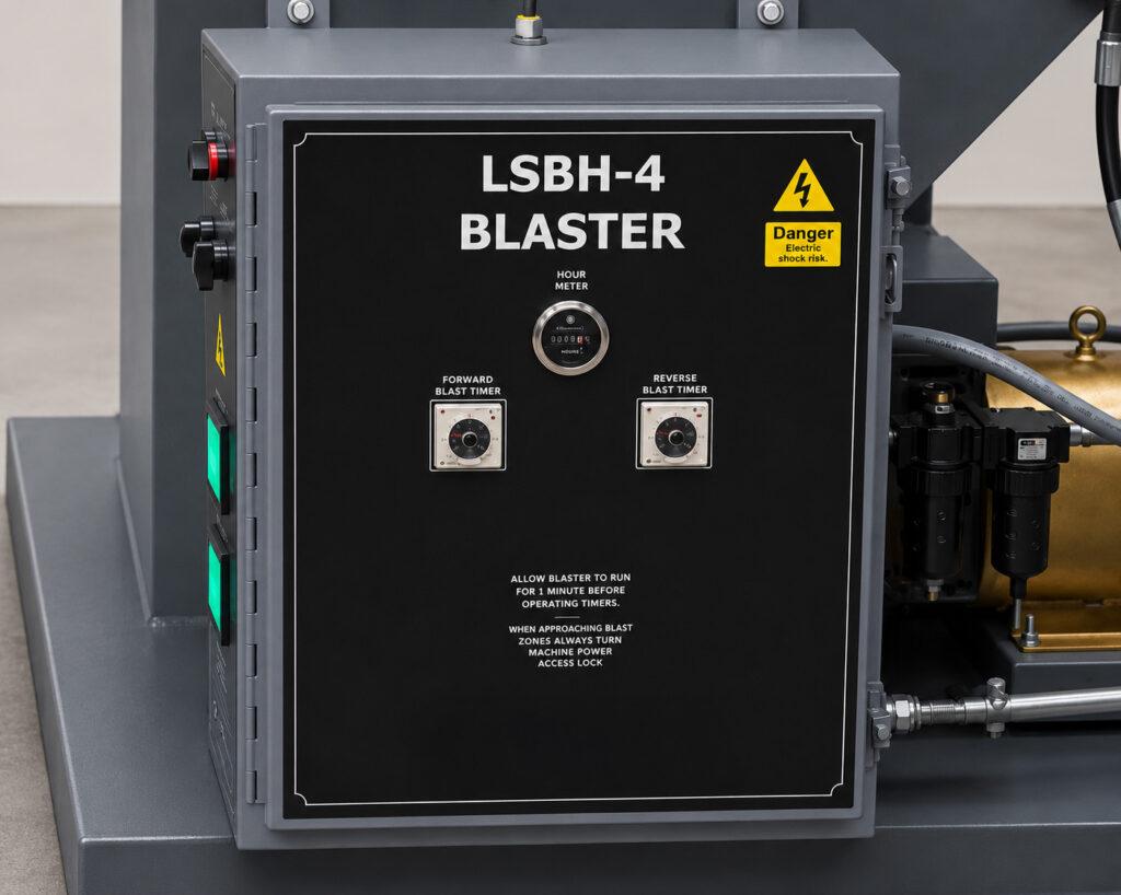 Close-up of the blast timer controls on a Winona Van Norman Fixed Basket Blaster used to set and manage blasting cycle durations.