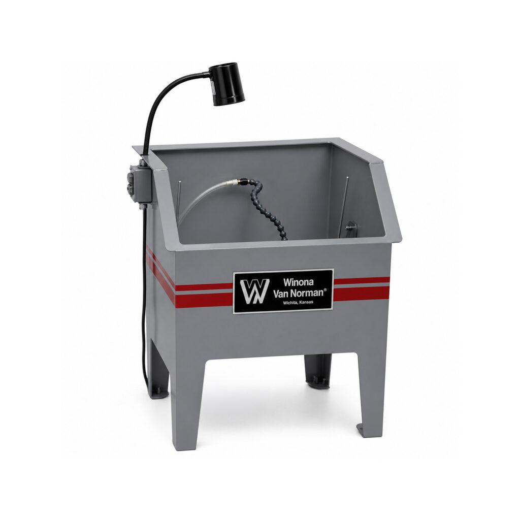 Angle view of the Winona Van Norman CHX Hone Tank featuring the coolant reservoir, filtration system, and durable industrial construction designed to support precision honing operations.