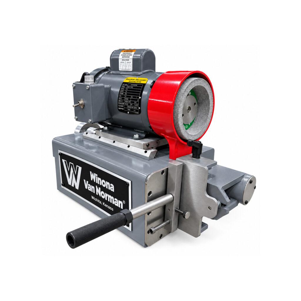 Angle view of the Winona Van Norman CRG170 Cap and Rod Grinder designed for precision grinding of connecting rod and main bearing caps during engine rebuilding.