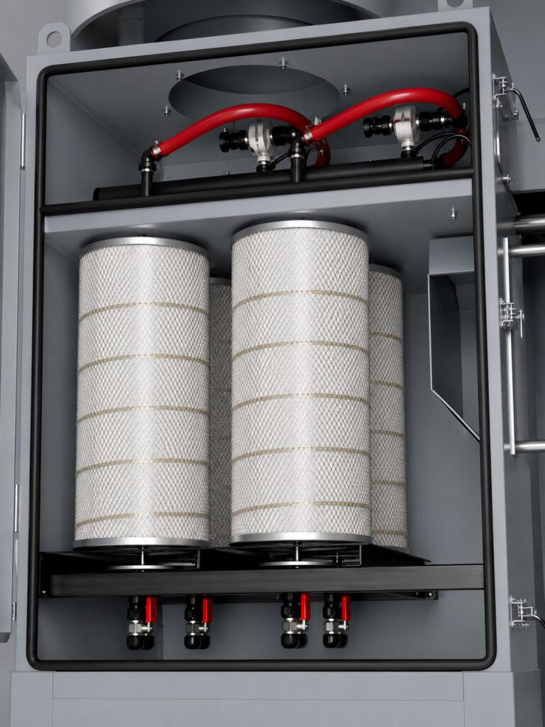High-efficiency cartridge filters inside a Winona Van Norman Cartridge Style Dust Collector, designed to capture fine dust, grinding debris, and airborne particulates while maintaining optimal airflow.