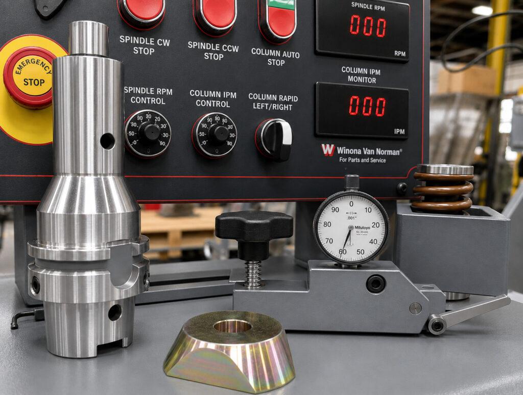 Close-up of the centering tools on a Winona Van Norman Rod Boring Machine used to accurately align connecting rod bores before machining.