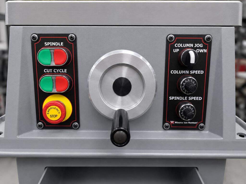 Close-up of the control panel on a Winona Van Norman CBMX Small Engine Boring Machine used to operate and adjust the machine during cylinder boring.