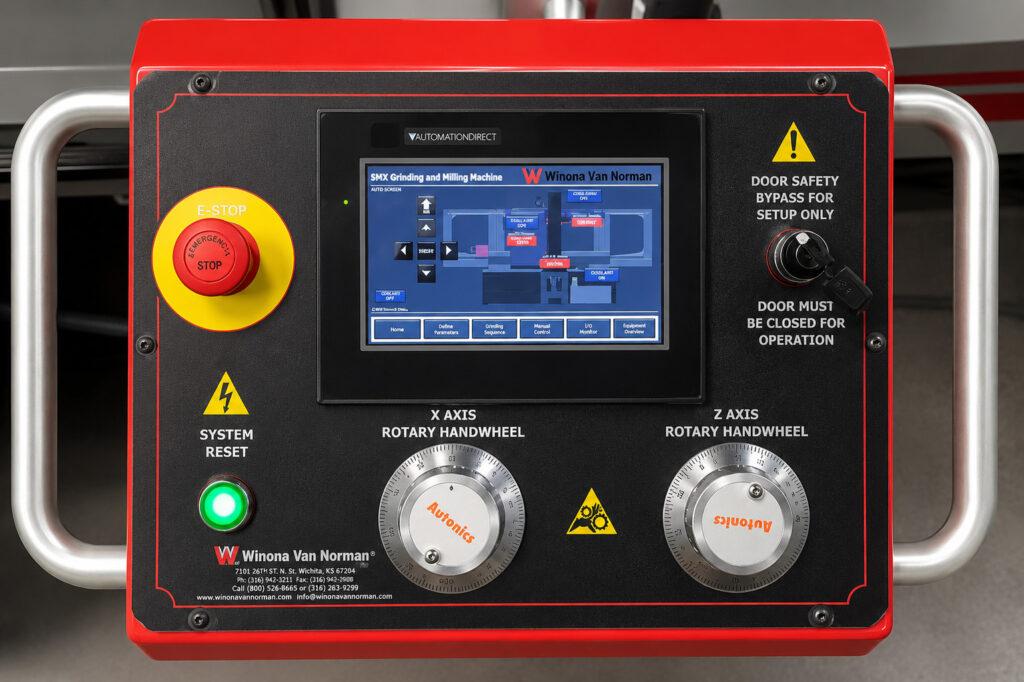 Close-up of the control panel on the Winona Van Norman SM-E Surface Milling Machine featuring the operator controls used to manage the resurfacing process.