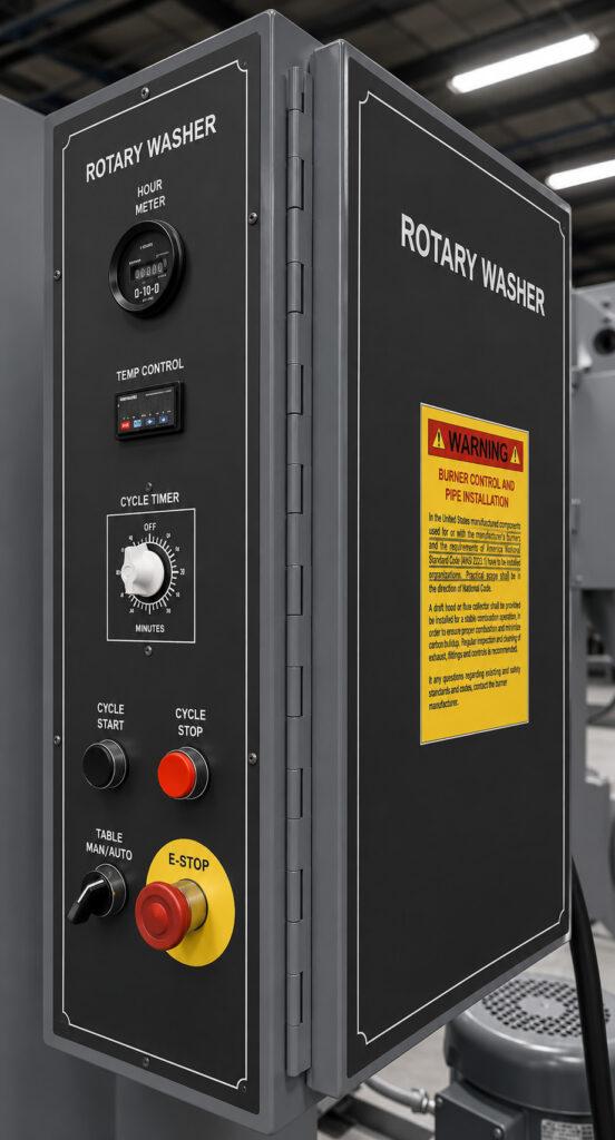 Close-up of the control panel on a Winona Van Norman Table Washer featuring operator controls for managing the cleaning cycle.