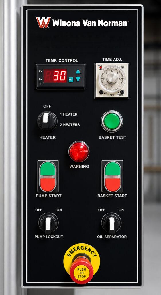 Close-up of the control panel on a Winona Van Norman Stainless Steel Washer featuring easy-to-use controls for operating and monitoring wash cycles.