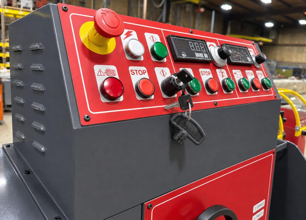 Operator controls on a Winona Van Norman Line Boring Machine, featuring clearly arranged switches and adjustments for managing spindle operation, boring-bar feed, speed, and machining functions.