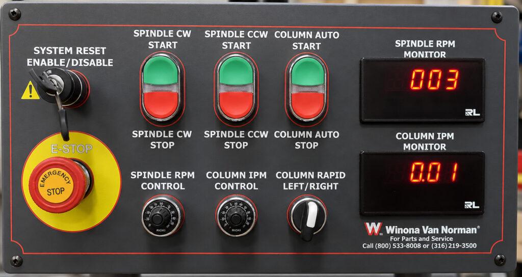 Close-up of the controls on a Winona Van Norman Rod Boring Machine used to manage machine operation and precision boring adjustments.