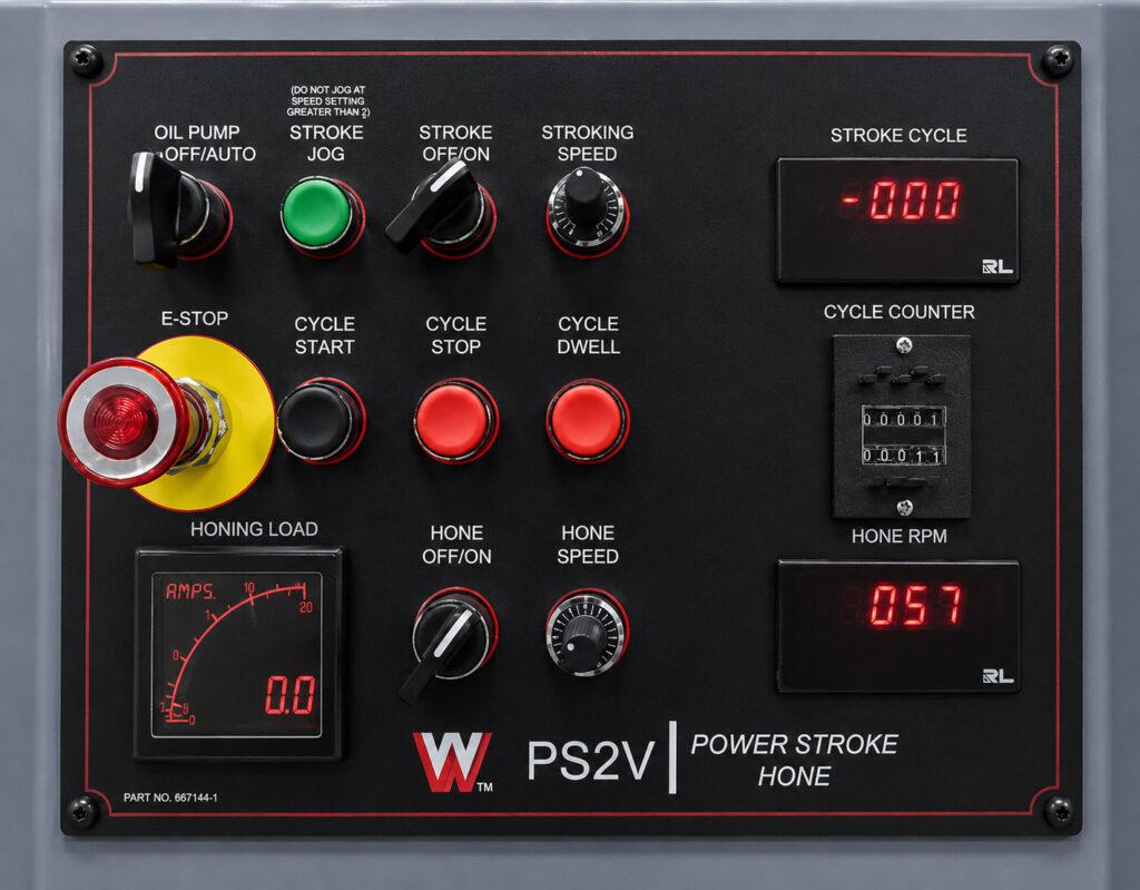 Close-up view of the controls on the Winona Van Norman PS2V Power Stroke Hone featuring the operator interface for precise honing adjustments and machine operation.