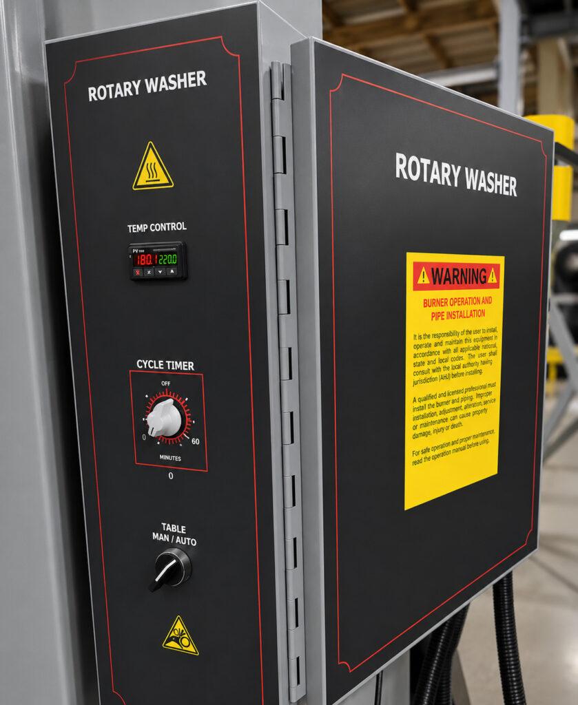 Close-up of the control panel on a Winona Van Norman Table Washer featuring operator controls for managing the cleaning cycle.