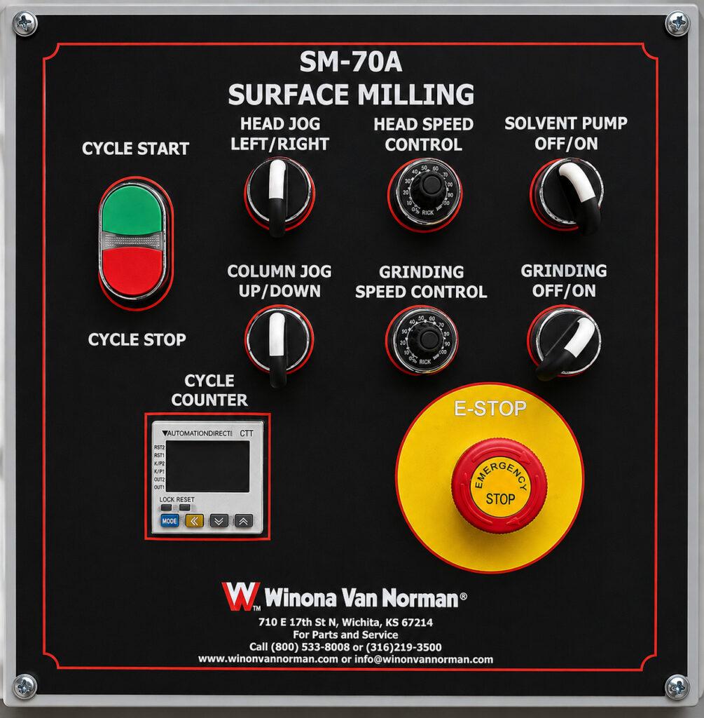 Close-up of the control panel on the Winona Van Norman SM-70 Surface Milling Machine featuring the operator controls used to manage the resurfacing process.