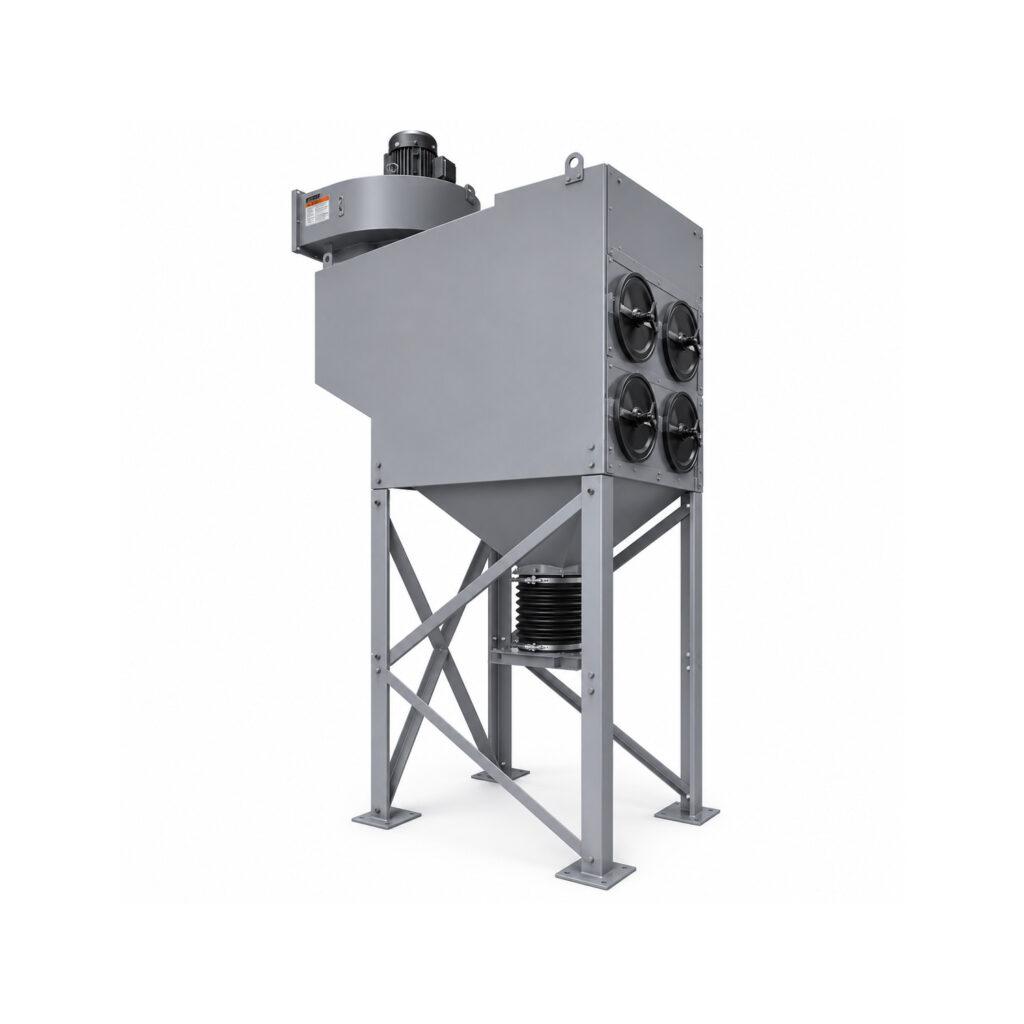 Angle view of a Winona Van Norman Cartridge Style Dust Collector featuring the cartridge filter housing, dust collection hopper, exhaust system, and heavy-duty industrial construction for efficient airborne particulate removal.