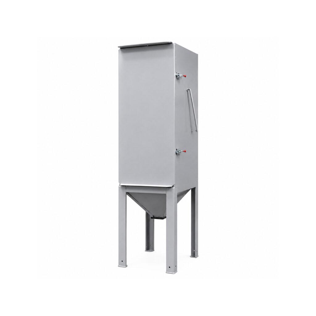 Angle view of a Winona Van Norman Bag House Style Dust Collector featuring the filtration housing, dust collection hopper, filter bag section, and industrial support structure for efficient airborne particulate removal.