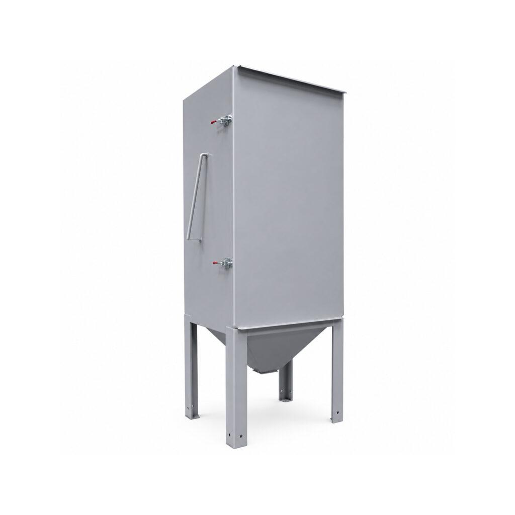Angle view of a Winona Van Norman Bag House Style Dust Collector featuring the filtration housing, dust collection hopper, filter bag section, and industrial support structure for efficient airborne particulate removal.