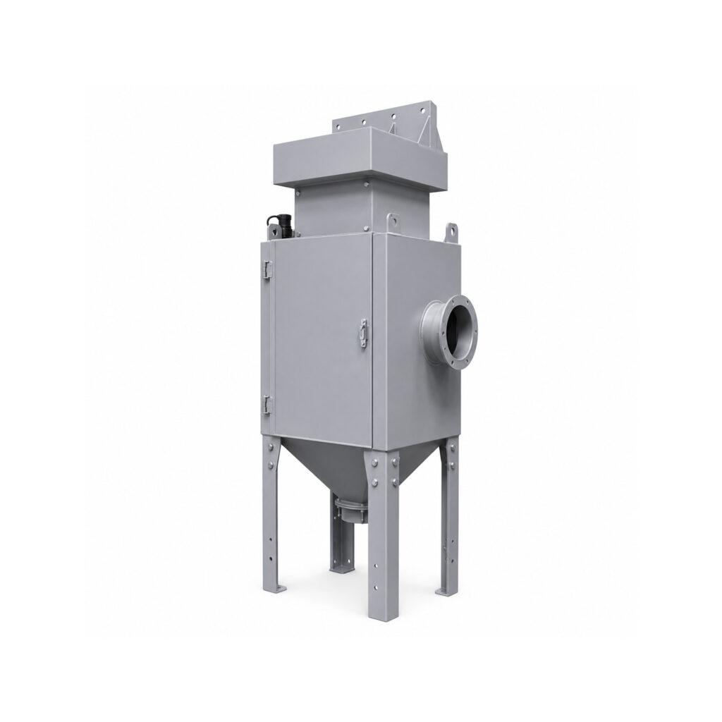 Angle view of a Winona Van Norman Cartridge Style Dust Collector featuring the cartridge filter housing, dust collection hopper, exhaust system, and heavy-duty industrial construction for efficient airborne particulate removal.