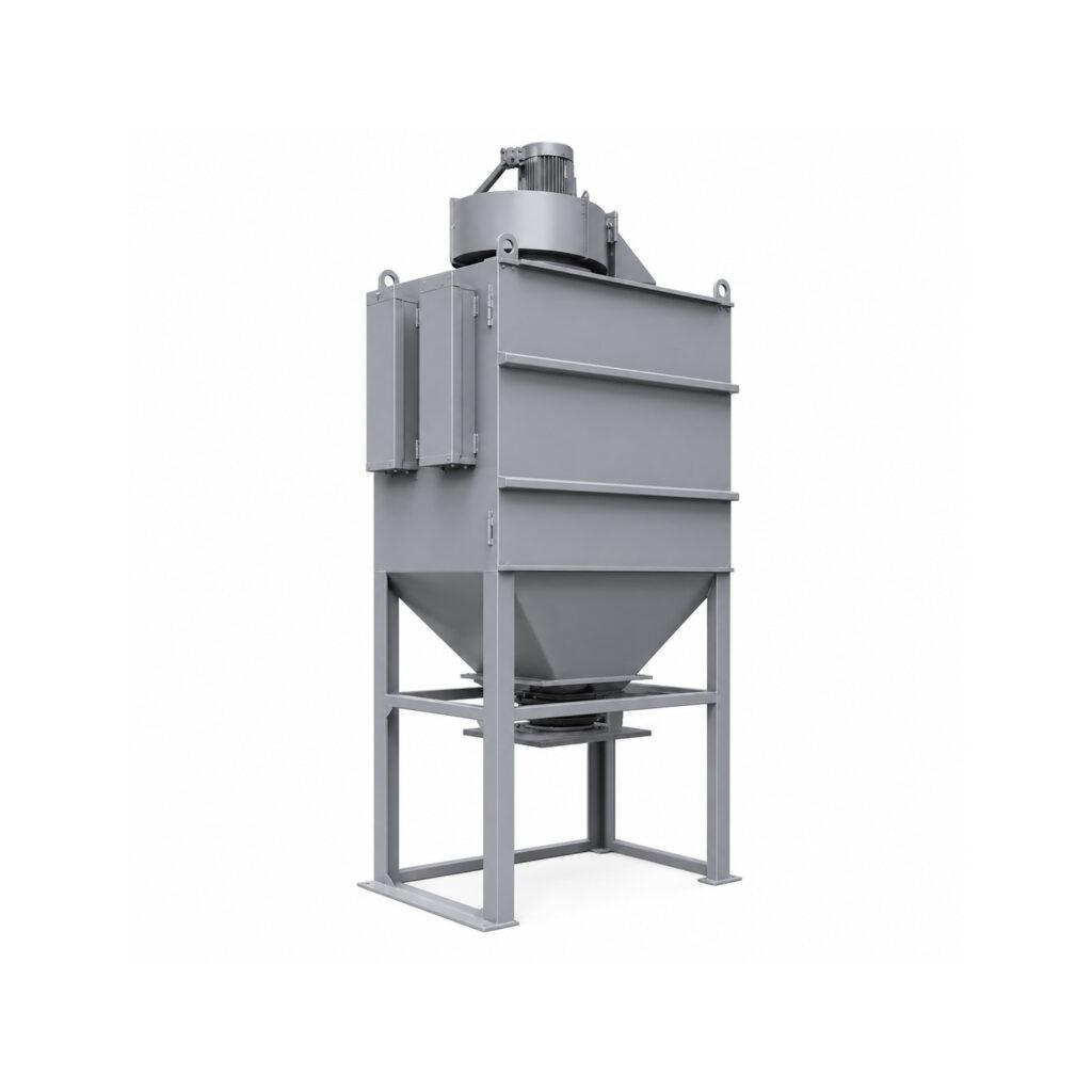 Angle view of a Winona Van Norman Cartridge Style Dust Collector featuring the cartridge filter housing, dust collection hopper, exhaust system, and heavy-duty industrial construction for efficient airborne particulate removal.