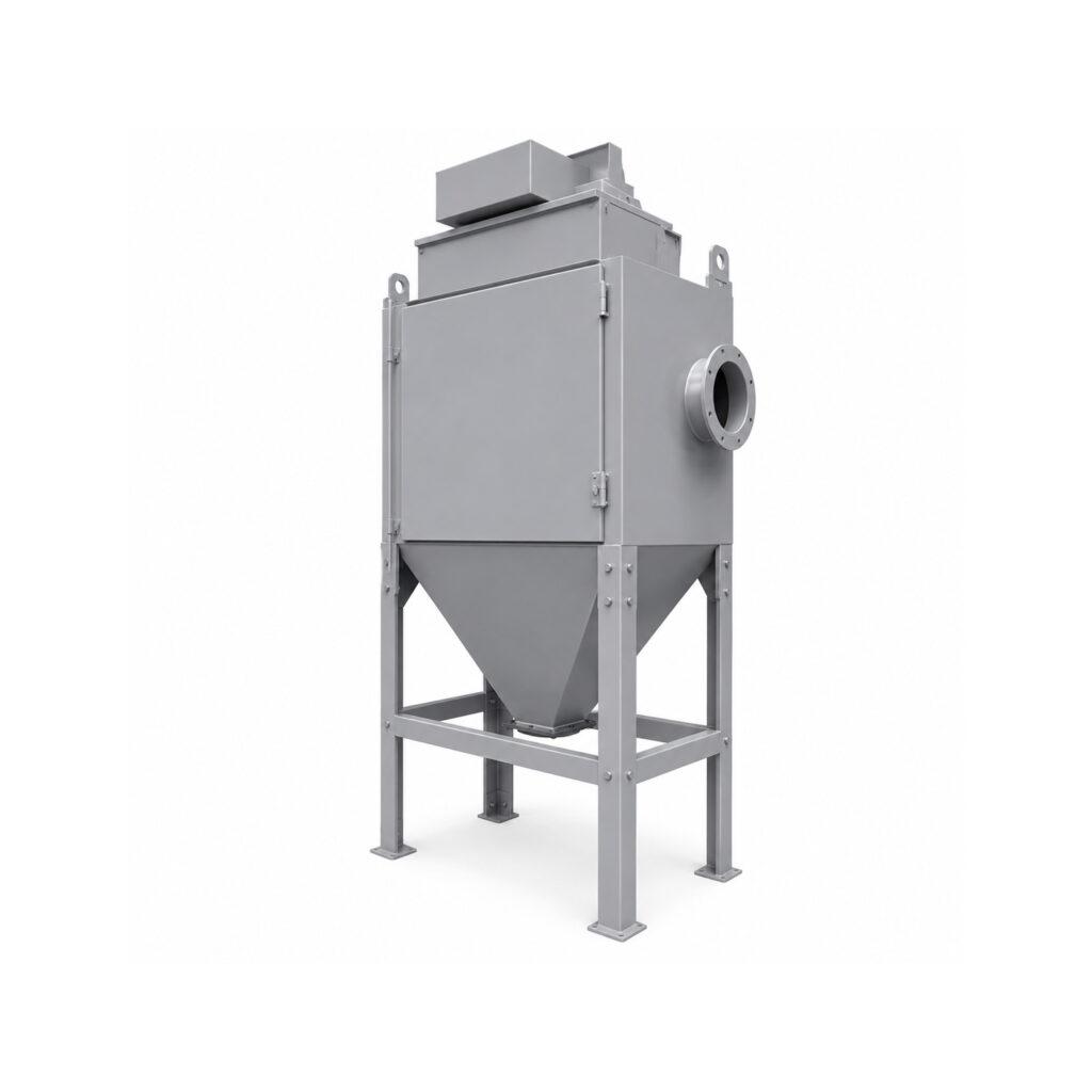 Angle view of a Winona Van Norman Cartridge Style Dust Collector featuring the cartridge filter housing, dust collection hopper, exhaust system, and heavy-duty industrial construction for efficient airborne particulate removal.