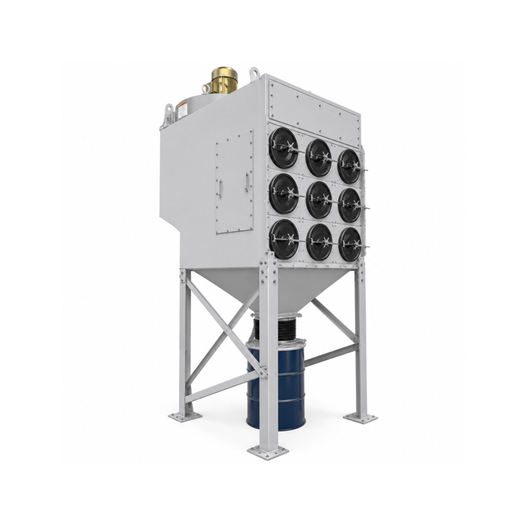 Angle view of a Winona Van Norman Cartridge Style Dust Collector featuring the cartridge filter housing, dust collection hopper, exhaust system, and heavy-duty industrial construction for efficient airborne particulate removal.