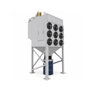 Angle view of a Winona Van Norman Cartridge Style Dust Collector featuring the cartridge filter housing, dust collection hopper, exhaust system, and heavy-duty industrial construction for efficient airborne particulate removal.