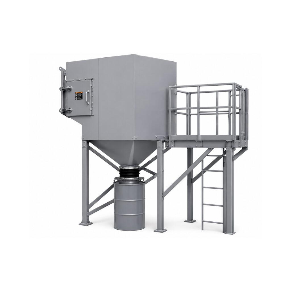 Angle view of a Winona Van Norman Cartridge Style Dust Collector featuring the cartridge filter housing, dust collection hopper, exhaust system, and heavy-duty industrial construction for efficient airborne particulate removal.