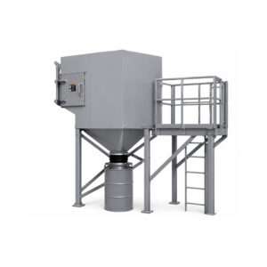 Angle view of a Winona Van Norman Cartridge Style Dust Collector featuring the cartridge filter housing, dust collection hopper, exhaust system, and heavy-duty industrial construction for efficient airborne particulate removal.