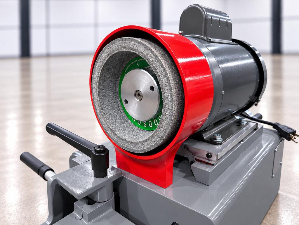 Angle view of the grinding wheel mounting and setup area on the Winona Van Norman CRG170 Cap and Rod Grinder for precision connecting rod and bearing cap grinding.