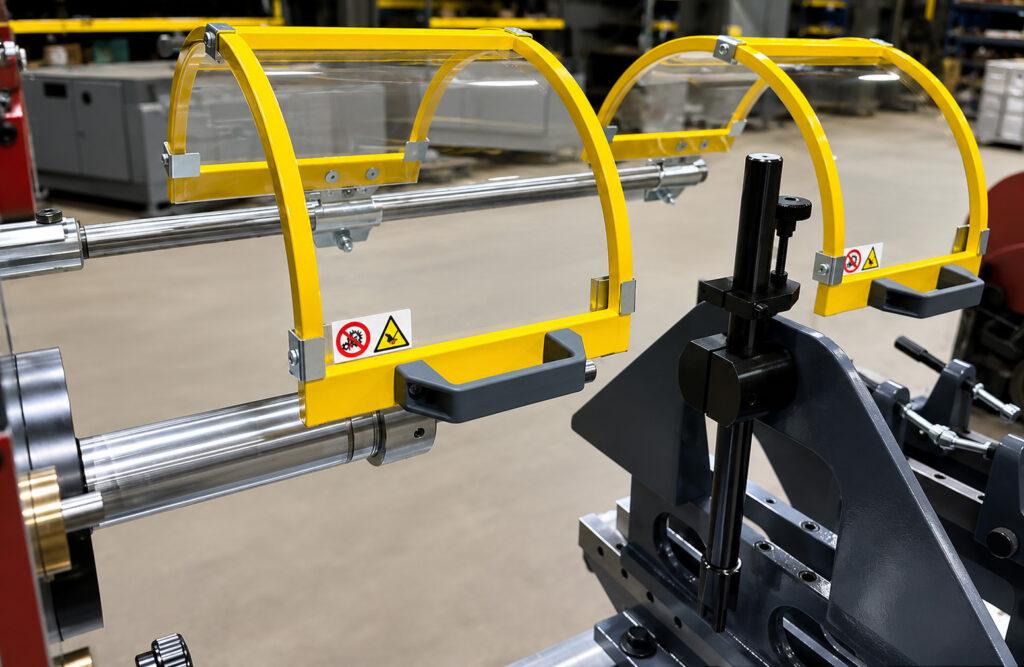 Protective guard on a Winona Van Norman Line Boring Machine, designed to shield the machining area from chips, coolant, and debris while maintaining operator visibility and safety.