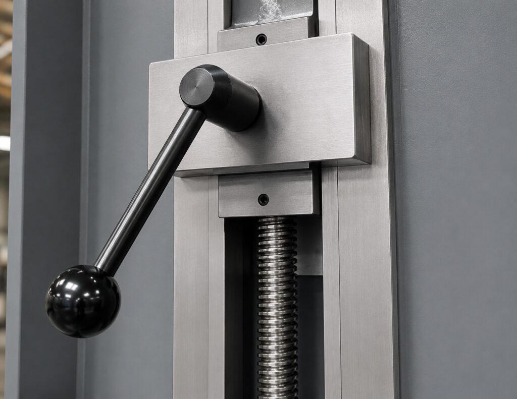 Close-up of the height lock on a Winona Van Norman Rod Boring Machine used to secure the machining assembly at the selected vertical position.