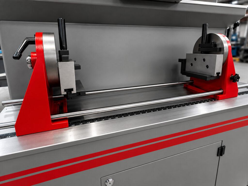 Close-up of the workpiece holder on a Winona Van Norman Seat and Guide Machine securely positioning a cylinder head for precision valve seat and guide machining.