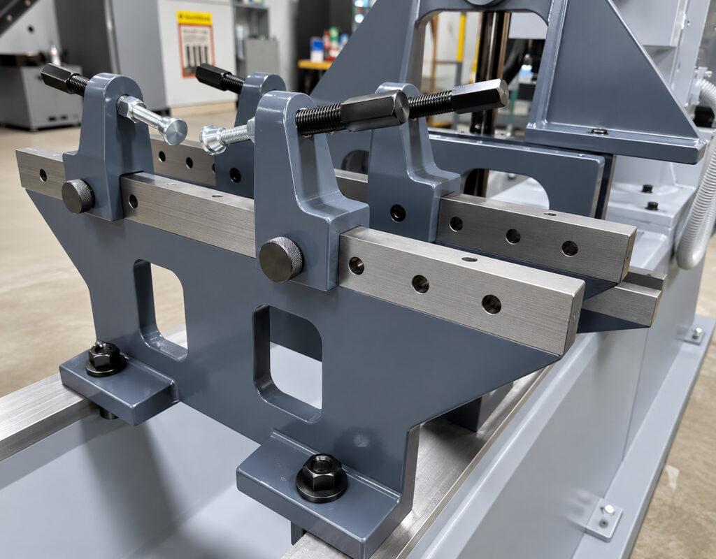 Workholding system on a Winona Van Norman Line Boring Machine, designed to securely support and accurately align engine blocks during precision line boring operations.