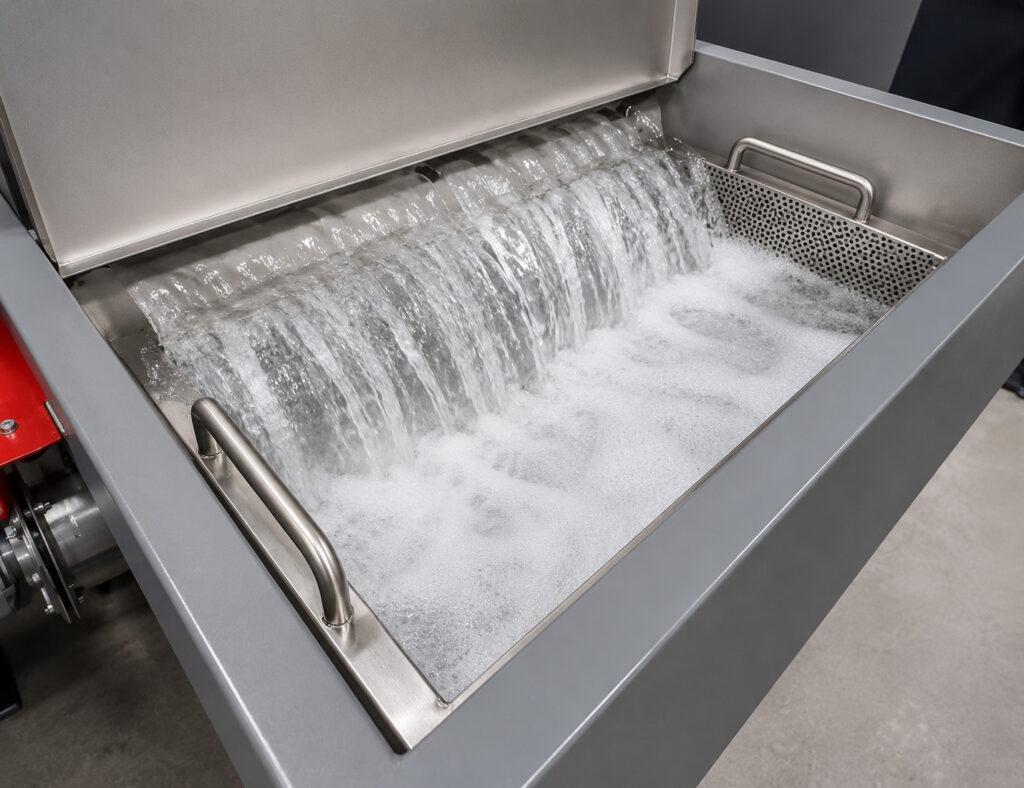 Close-up of the built-in hot tank on a Winona Van Norman Table Washer used to heat and maintain the cleaning solution for effective parts washing.