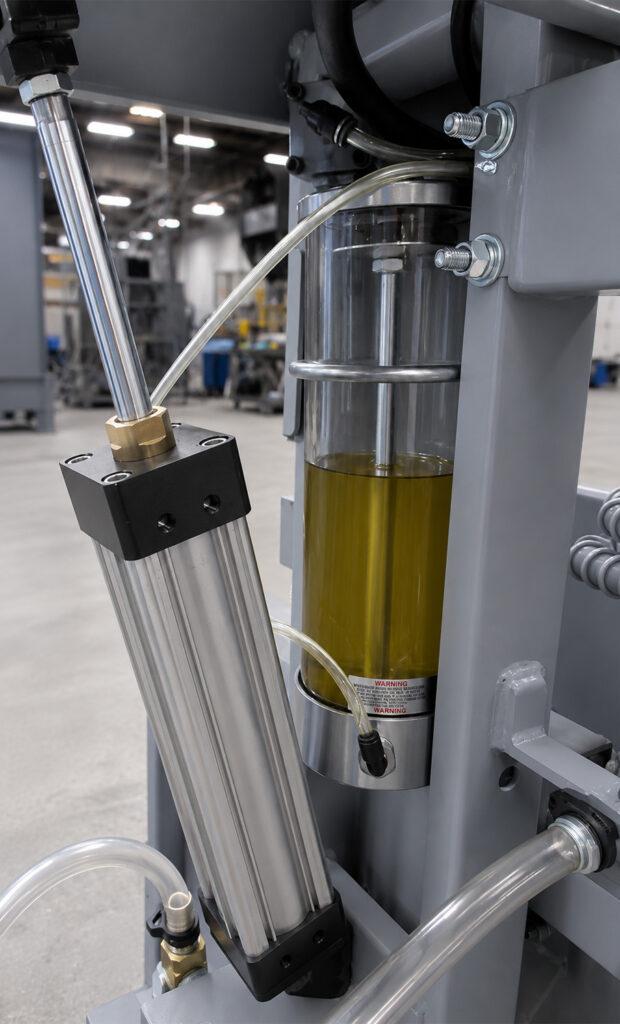 Close-up view of the hydraulic system on the Winona Van Norman PS2300D Power Stroke Hone featuring the hydraulic components, hoses, and drive assembly that provide smooth honing operation.