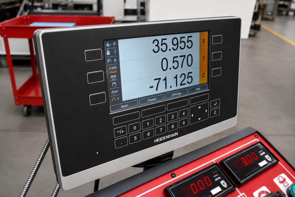 Close-up of the control monitor on the Winona Van Norman Vertical Boring Machine displaying the machine interface for monitoring and controlling boring operations.