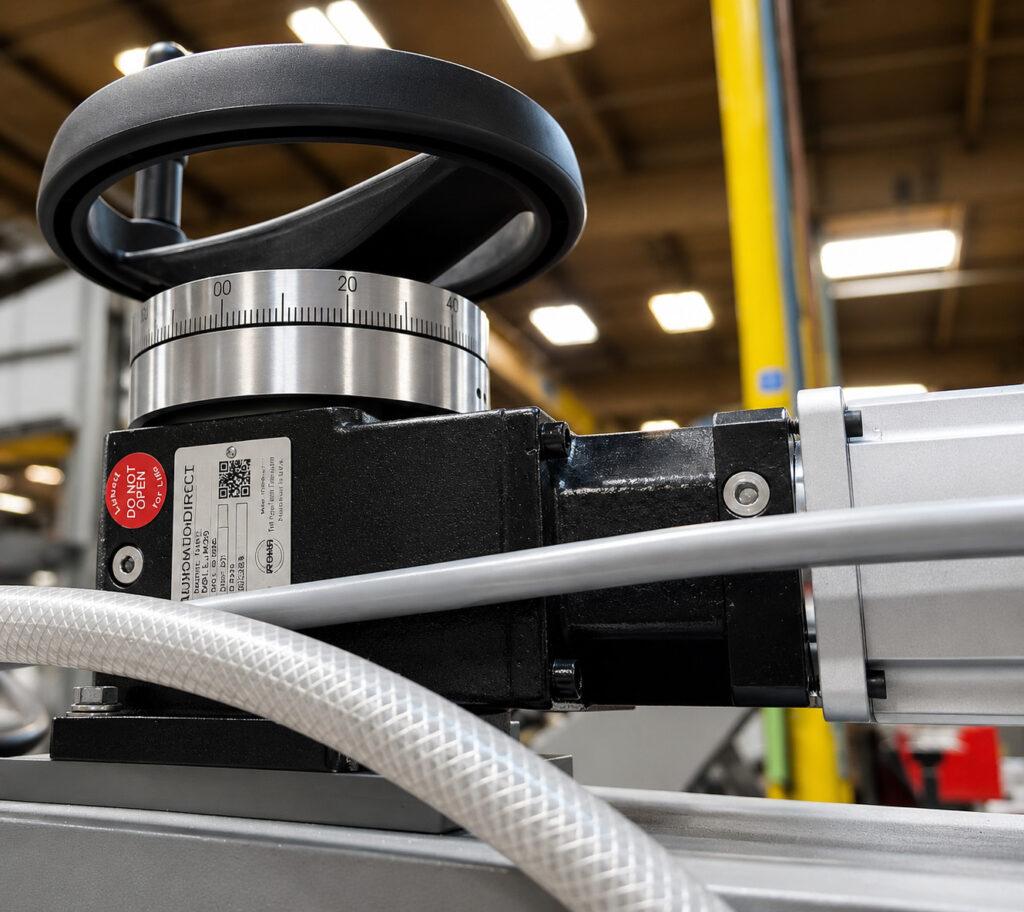 Close-up of the head height adjustment handwheel on the Winona Van Norman SM-70 Surface Milling Machine used to precisely position the milling head.