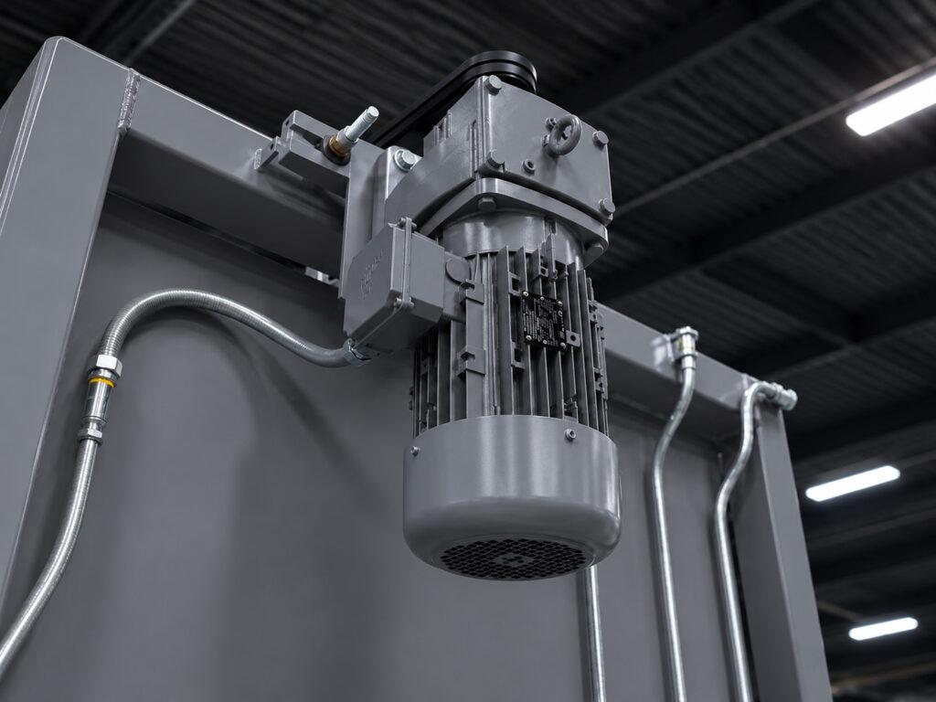 Close-up of the impeller motor on a Winona Van Norman Table Washer powering the high-pressure cleaning system.