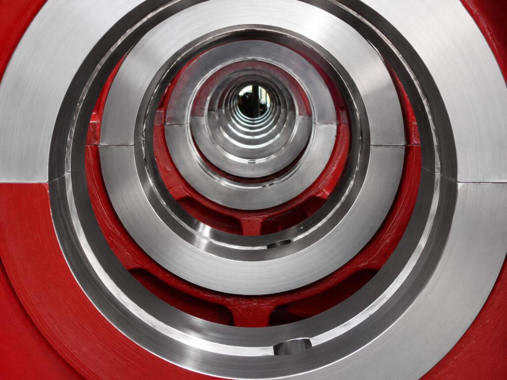 Inside view of a Winona Van Norman Line Boring Machine highlighting the precision boring bar, workholding system, and internal machining area used for accurate engine block line boring.
