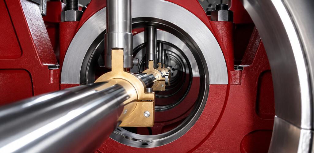 Inside view of a Winona Van Norman Line Boring Machine highlighting the precision boring bar, workholding system, and internal machining area used for accurate engine block line boring.