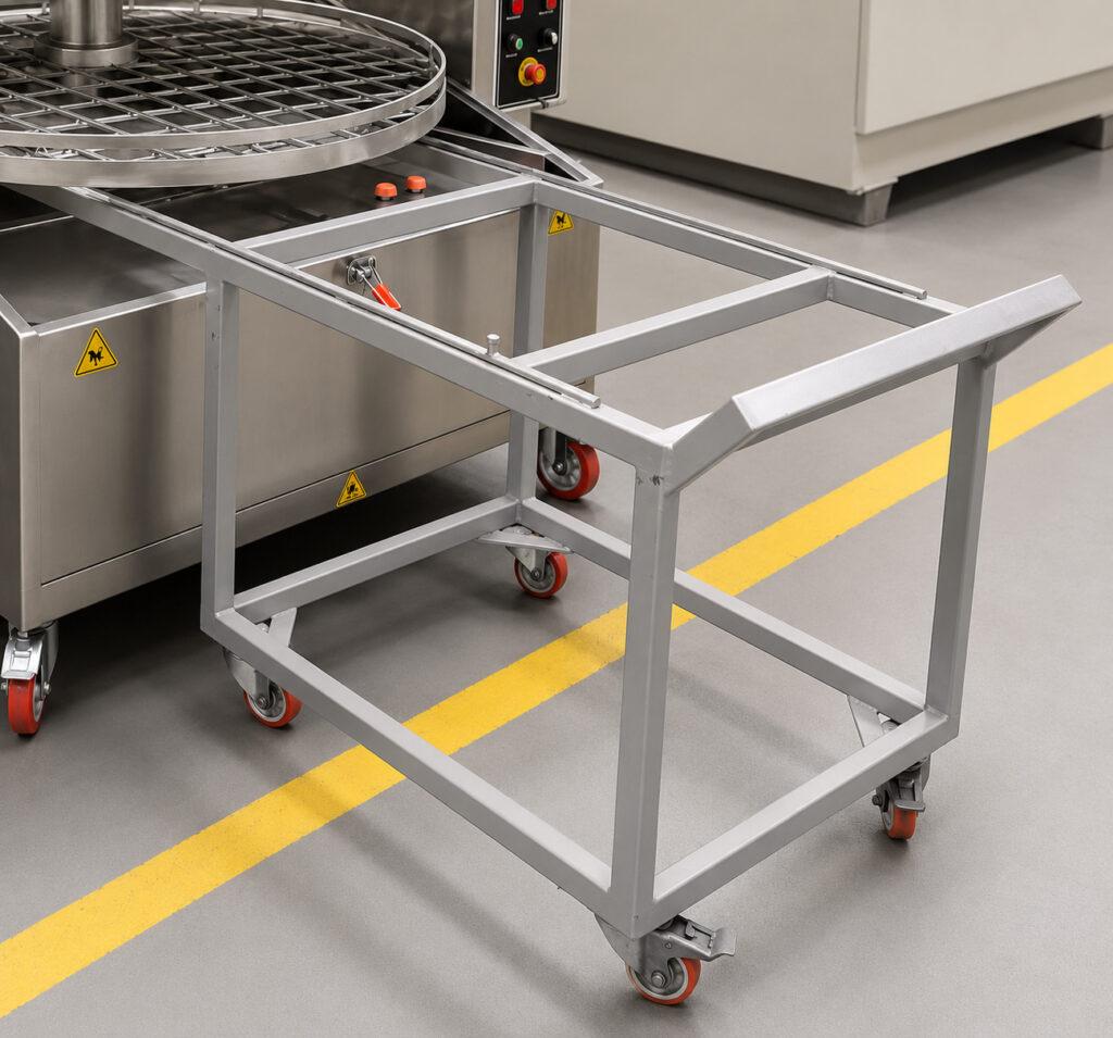 Optional loading cart for a Winona Van Norman Stainless Steel Washer designed for safe and efficient transport of engine components and industrial parts.