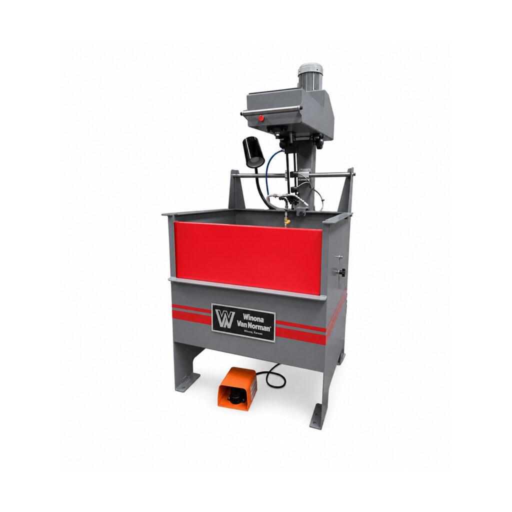 Angled view of the Winona Van Norman Power Stroke Hone featuring its precision honing system, rigid construction, and operator-friendly controls for accurate cylinder honing.