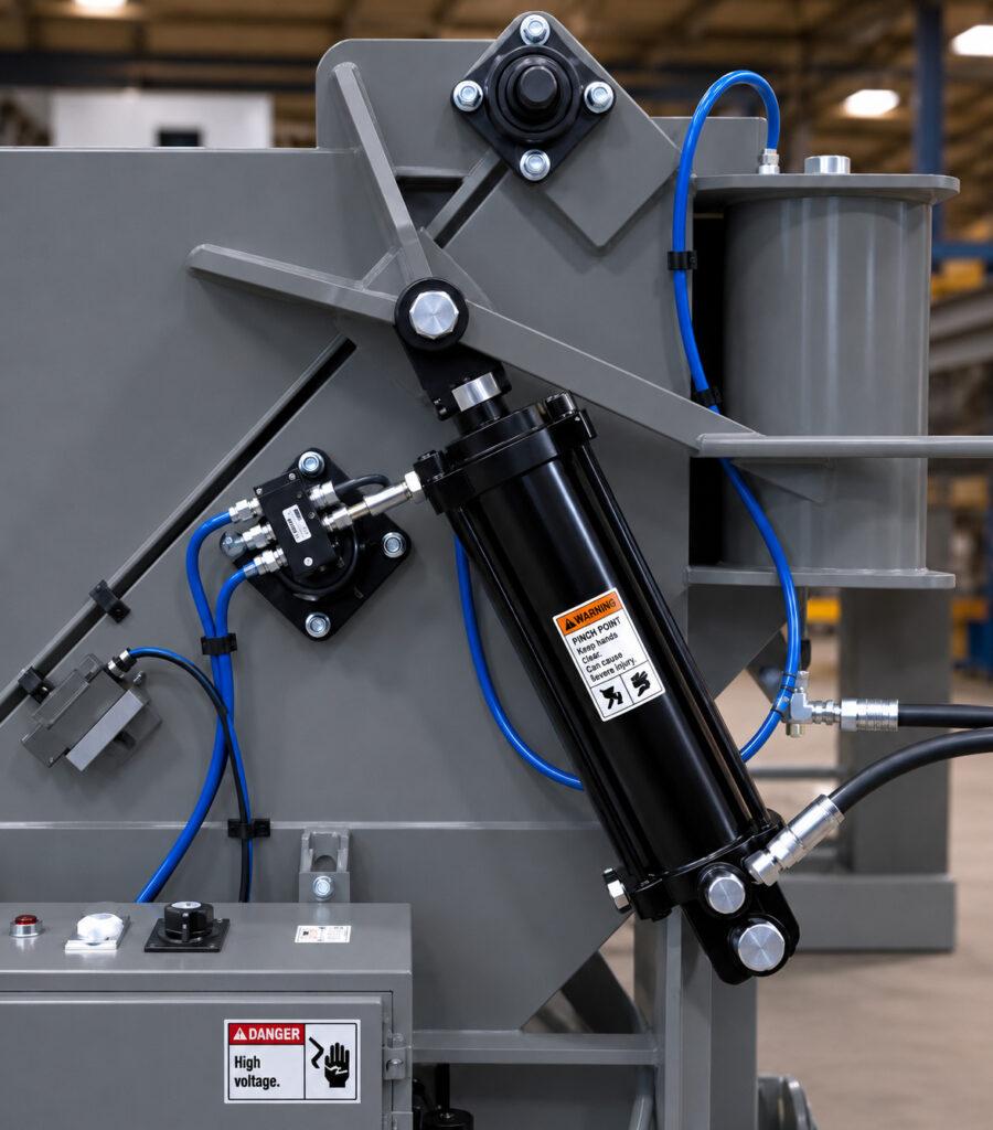 Close-up of the pneumatic door on a Winona Van Norman Fixed Basket Blaster providing safe, smooth, and reliable access to the blasting chamber.