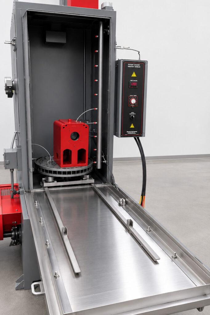 Close-up of the pull-down access door on a Winona Van Norman Table Washer providing easy entry to the wash chamber.