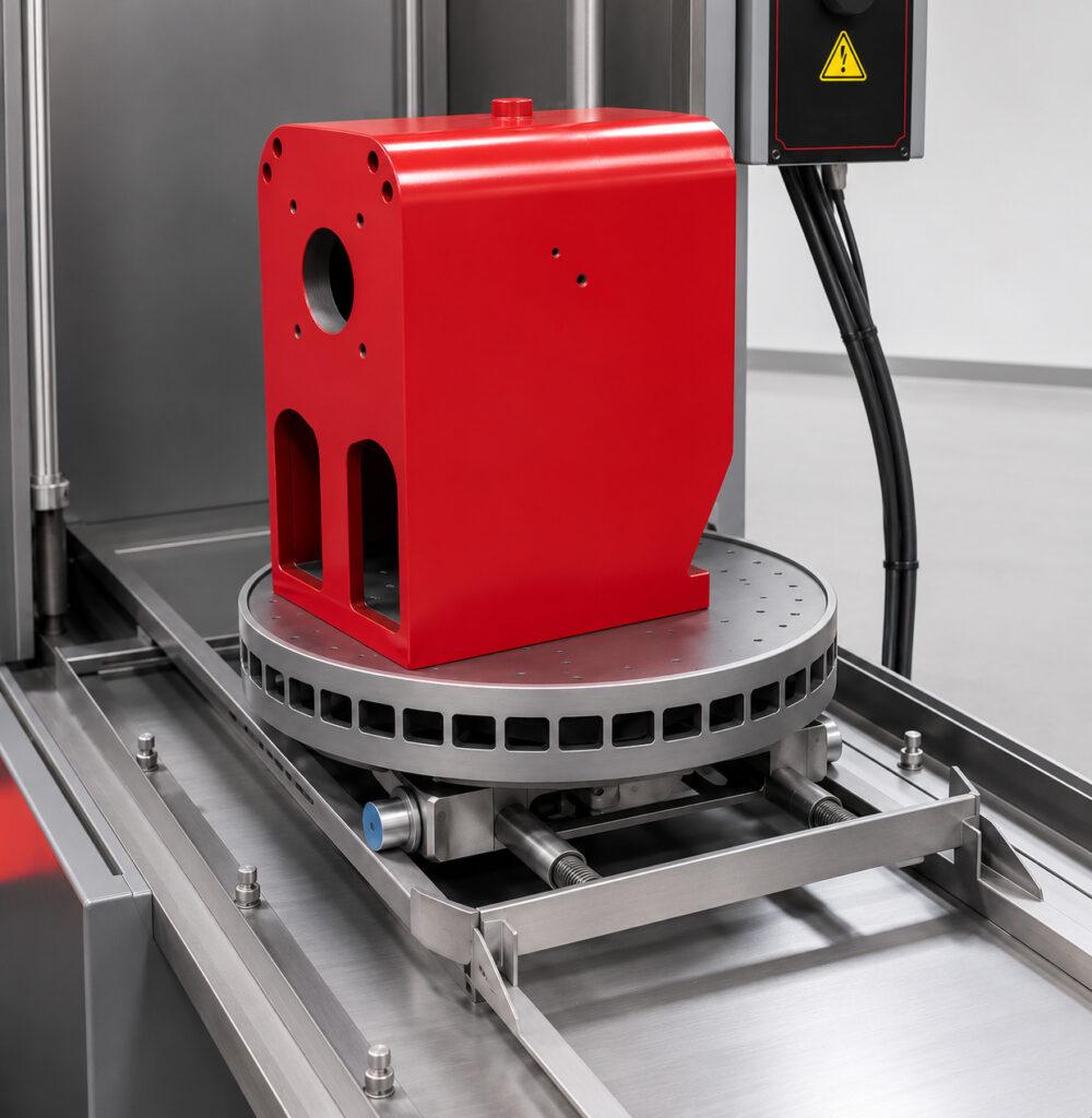 Close-up of the pull-out loading table on a Winona Van Norman Table Washer for easy loading and unloading of engine components.