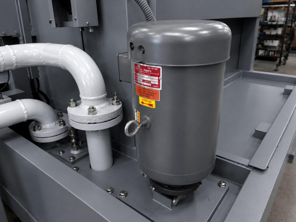 Close-up of the pump on a Winona Van Norman Table Washer supplying high-pressure cleaning solution to the wash system.